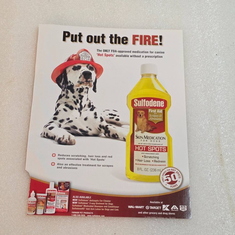 Vintage Print Ad Sulfodene Dalmatian Dog Fire Chief Hot Spots 8x10.5 2004